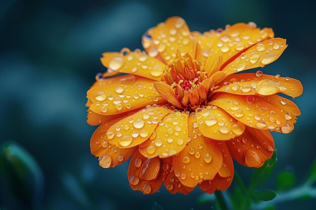 Flor de laranja vibrante com gotas de orvalho em vegetação exuberante