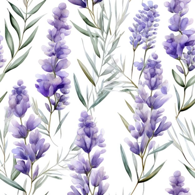 Foto flor de lavanda de cor de água sem costura com padrão de folha em fundo branco