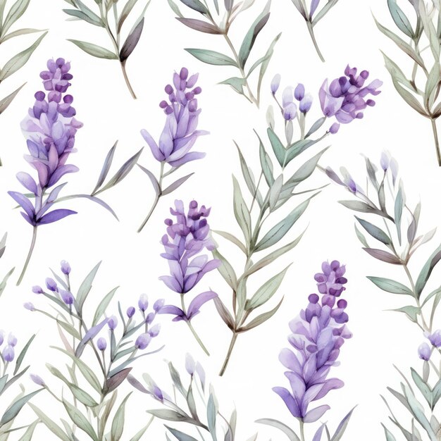 Foto flor de lavanda de cor de água sem costura com padrão de folha em fundo branco