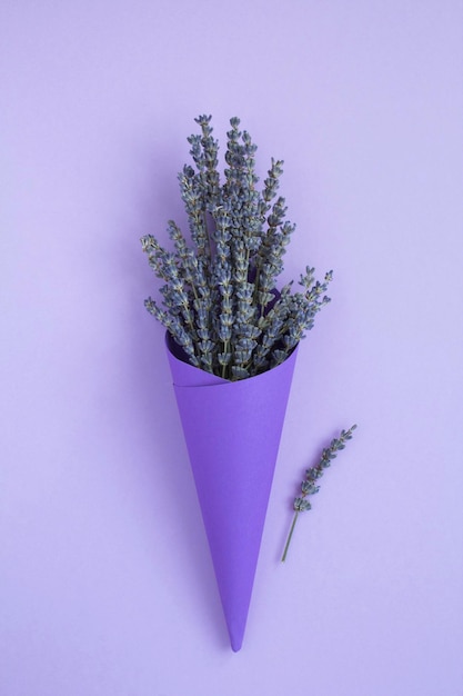 Flor de lavanda em um cone roxo de papel no fundo roxo claro. fechar-se. localização vertical.