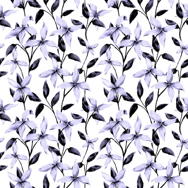 Flor de lírio deixa padrão sem costura Impressão de repetição botânica Design floral violeta branco preto