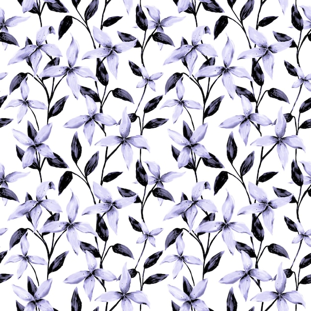 Flor de lírio deixa padrão sem costura impressão de repetição botânica design floral violeta branco preto