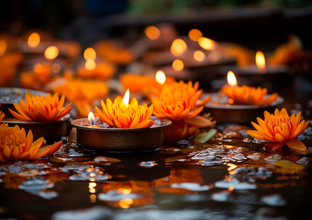 Foto flor de lótus com luz de velas no rio ai generativa