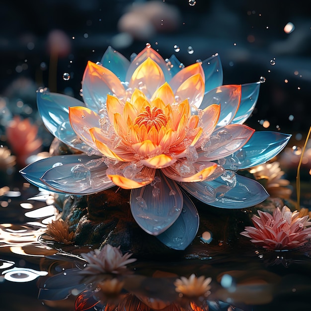 Flor de lótus de água cercada por pedras na água Ai Generative