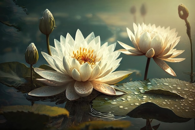 Flor de lótus lindas flores de lírio d'água florescem lago rio ilustração de flor natureza fantástica Generative AI