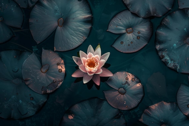 Flor de lótus na lagoa de cima arte fina Lírio d'água em tinta escura tela textura vista superior papel de parede