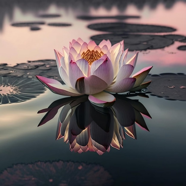 Flor de lótus rosa em água parada ao pôr do sol