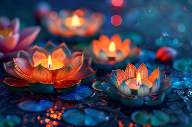 Flor de lótus rosa mágica com velas e faíscas Buda Purnima Vesak Yoga e meditação