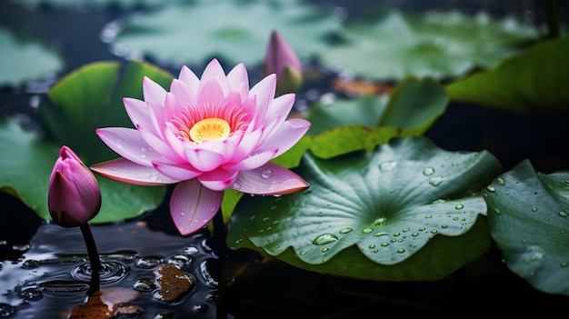 flor de lótus rosa vibrante molhada com orvalho em lagoa tropical