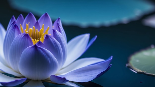 Flor de lótus roxa na superfície da água azul com reflexão