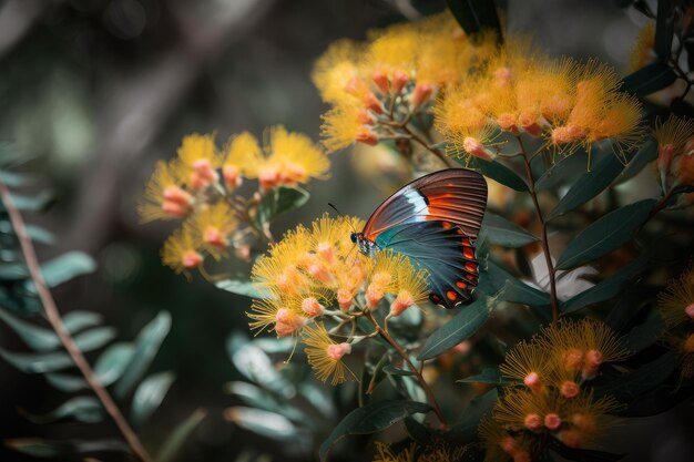 Flor de mimosa em flor cercada por borboletas coloridas