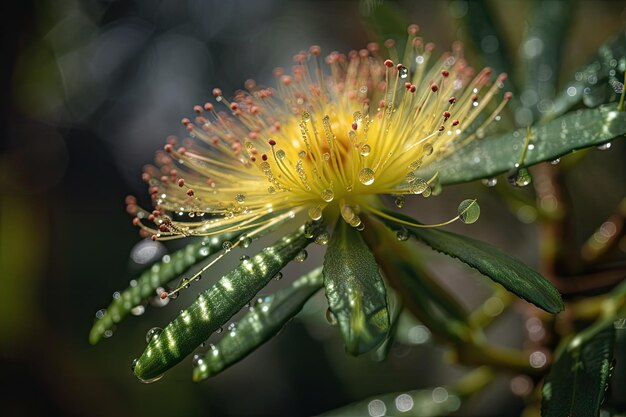 Flor de mimosa em plena floração rodeada de orvalho