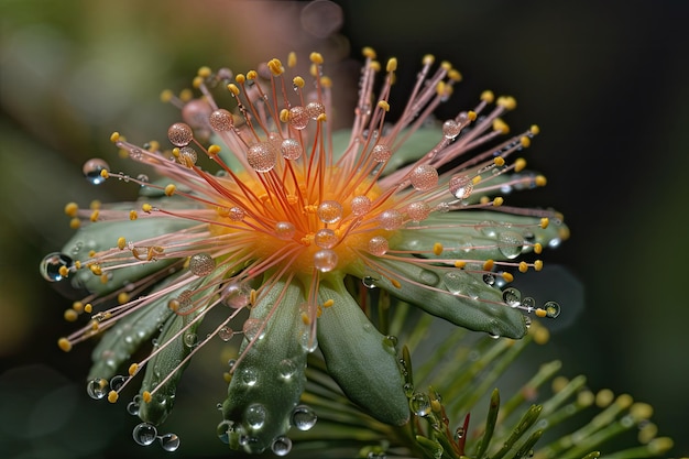 Flor de mimosa em plena floração rodeada de orvalho