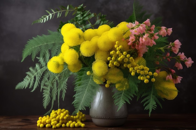 Flor de mimosa em um vaso cercado por outras flores frescas