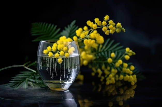 Flor de mimosa em um vaso de vidro com água