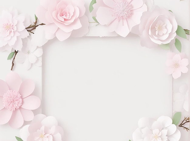 Flor de papel em cores pastel delicadas em um fundo branco Sakura Frame com flores rosa brancas
