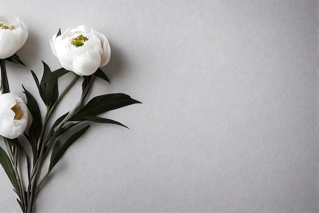 Flor de peão branco com folhas verdes escuras sobre fundo claro