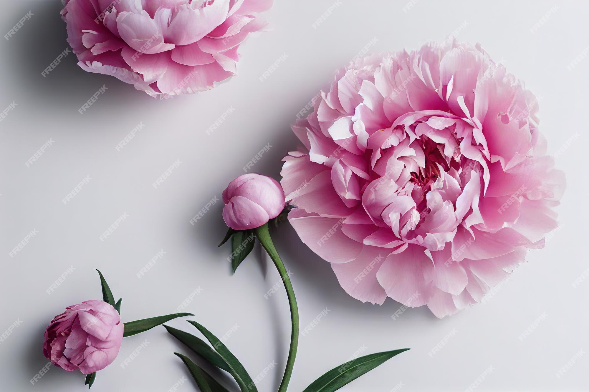 Botões de flor de peão rosa com folhas grandes em fundo branco