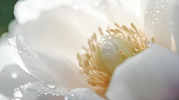 Flor de peônia de cor branca pastel elegante com gotas de água fechando o fundo macro gerado por ai