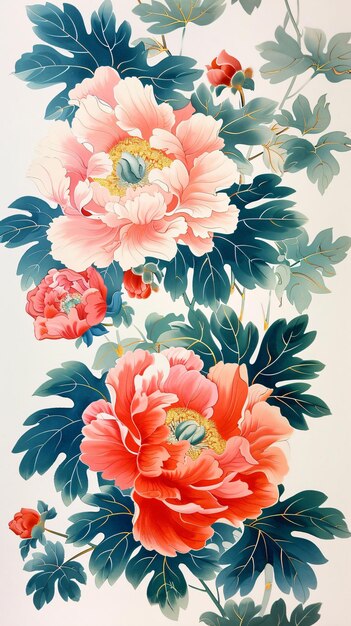 Flor de peônia de tendência nacional Estilo chinês Ilustração meticulosa de flor de peônia