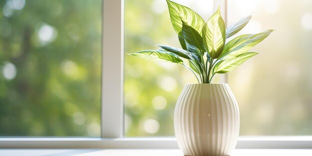 Foto flor de planta de casa em vaso em suporte de janela muita luz solar decoração interior