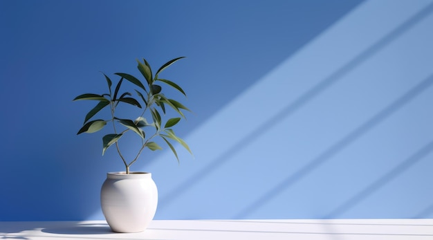 Flor de planta decorativa em um vaso interior minimalista exterior Uma árvore em vaso à luz do sol contra um fundo de céu azul e mar