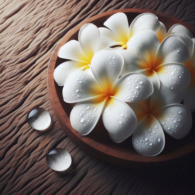 Flor de plumeria branca em fundo de madeira