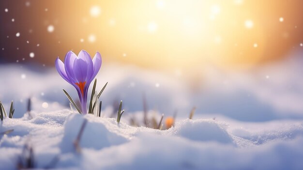 Flor de primavera de crocus roxo crescendo na neve