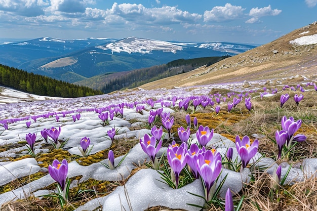 Flor de primavera incrível crocus nas montanhas na neve vista de magia flores de primavera crocus