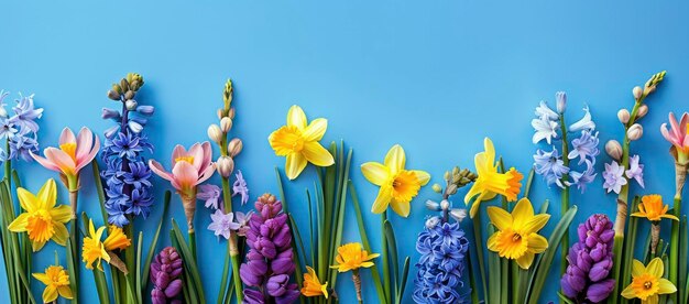 flor de primavera narcisso lavanda jacinto em uma fila contra fundo azul