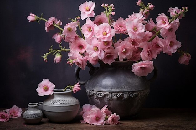Flor de primavera ramo rosa em vaso de estanho em fundo rústico