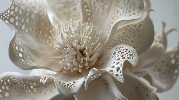 Flor de renda branca com detalhes intrincados A imagem é brilhante e tem uma suave sensação de sonho
