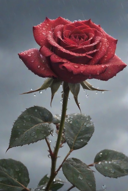 Foto flor de rosa vermelha com gotas de água chuva céu