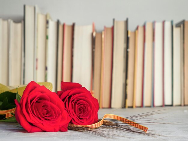 Foto flor de rosa vermelha de sant jordi com livros