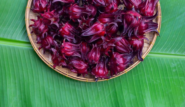 Flor de Roselle em cesta de bambu em folha de bananeira