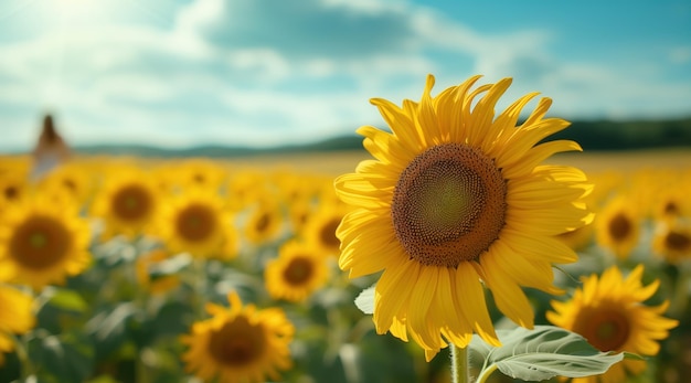 Flor de sol dourada no campo e céu azul foto de estoque