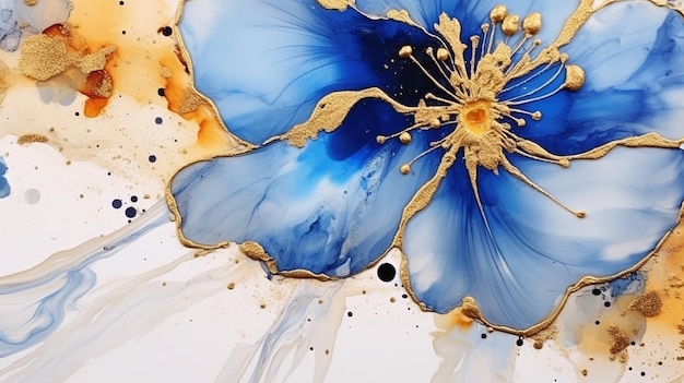 Flor de tintas de álcool com azul e ouro sobre fundo branco generative ai