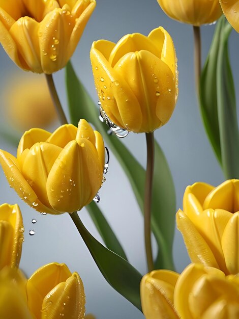 Flor de tulipa amarela com papel de parede de gotas de água