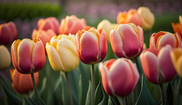 Flor de tulipa multicolorida em prado vibrante gerado por ia