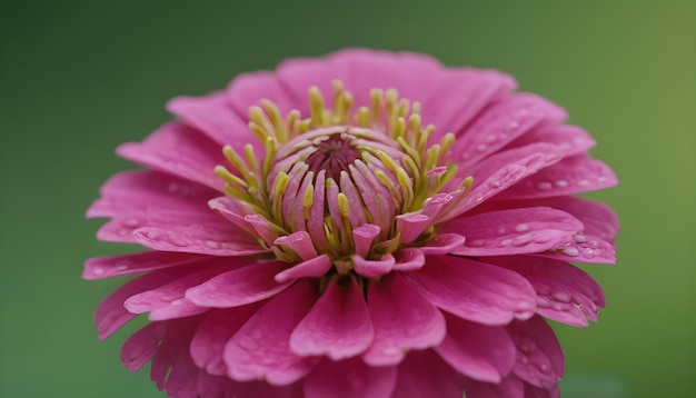 Flor de zínia rosa com pétalas detalhadas e estames amarelos com um fundo verde desfocado