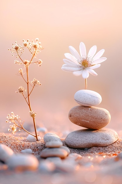 Flor delicada que florece junto a una pila de piedras equilibrada