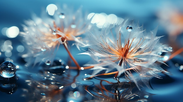 Flor dente-de-leão em gotas de orvalho de água sobre um fundo de cor azul com reflexo no espelho