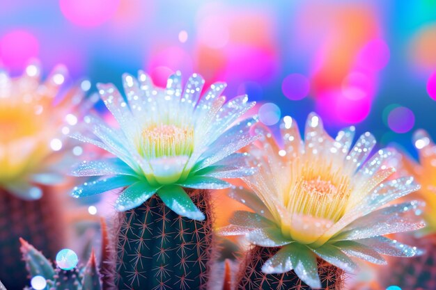 Flor del desierto de cactus multicolor con colorido fondo borroso bokeh