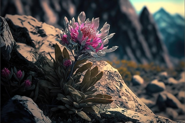 Una flor en el desierto con montañas al fondo.