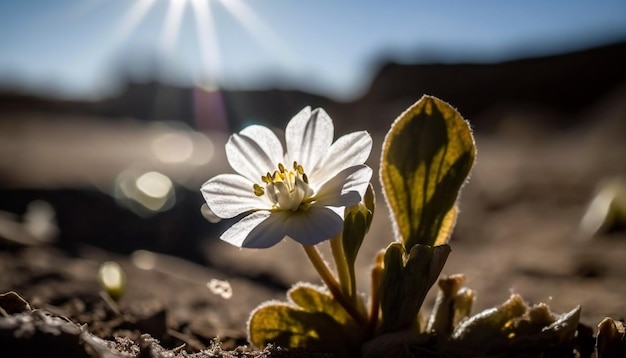 Una flor en el desierto con el sol brillando sobre ella.