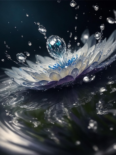 Flor de diente de león en gotas de rocío de agua en un fondo de color azul con un reflejo de espejo de un