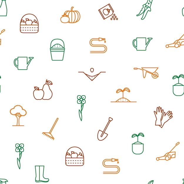 Flor e jardinagem sem costura de fundo padrão em um branco incluir de equipamento de planta pote sementes de árvore e ilustração vetorial de mangueira
