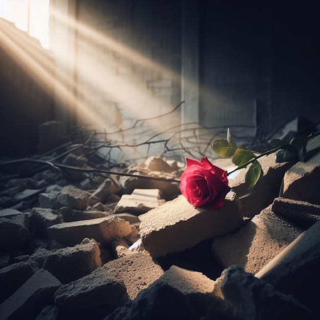 Una flor en un edificio en ruinas con el sol brillando a través de la ventana