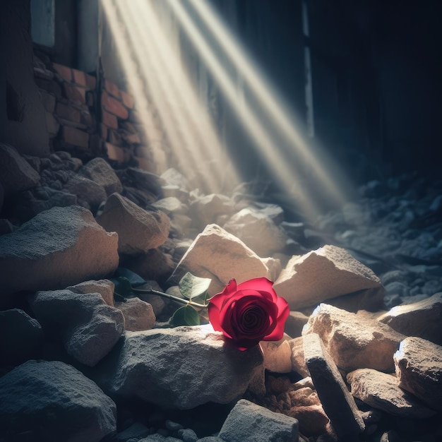 Una flor en un edificio en ruinas con el sol brillando a través de la ventana