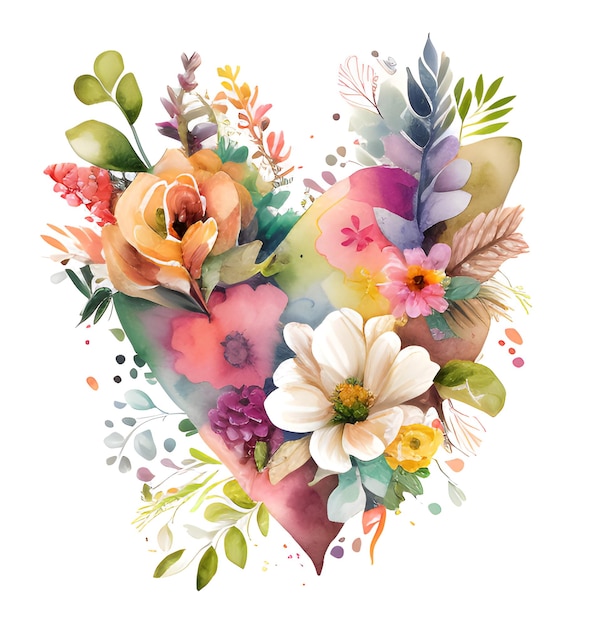 Foto flor em aquarela com respingo de cor em forma de coração para cartões de convite de casamento e imprimíveis